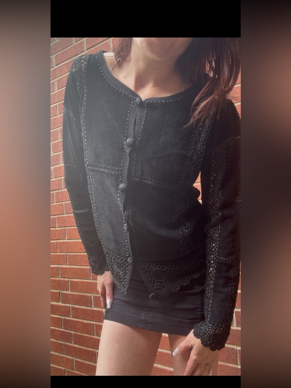 Newport News Black Leather Crochet-Trim Cardigan